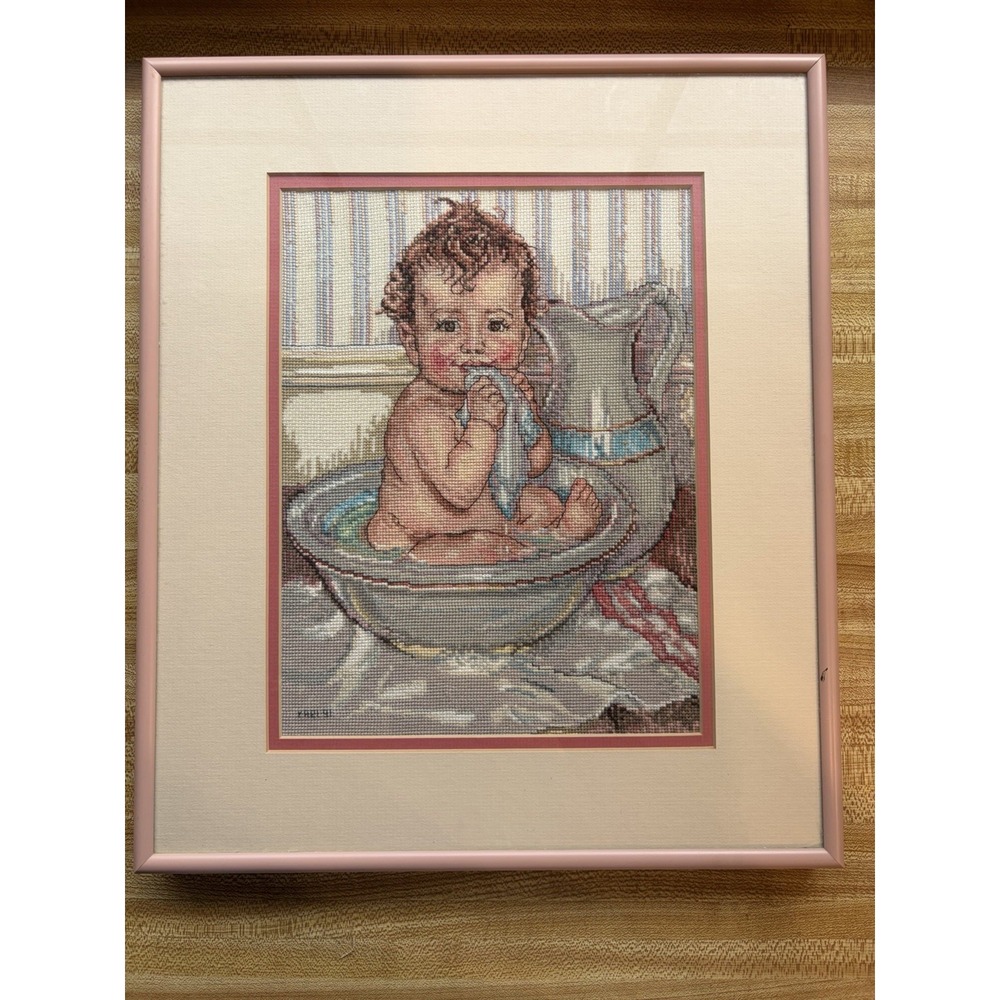 VTG 1991 My Daily Bath Baby Cross Stitch Framed Nursery Bathroom Wall Art Pink